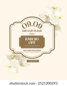 Elegant 09.09 grand sale banner with floral elements, vintage frame, and RM9.90 off. Beige background with white orchids, brown accents. Perfect for promotions or digital ads