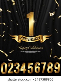 Elegant 1 Year Anniversary Celebration Banner template with Golden Numbers, ribbon, confetti and sparkling dot halftone glitters