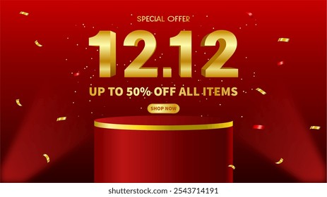 An elegant 12.12 sale banner with bold gold text, a "Shop Now" button, and confetti with a luxurious red and gold theme. A design for special offers, seasonal discounts, and e-commerce promotions.