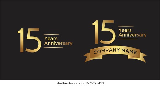 elegant 15 years anniversary logo template with ribbon in gold color, vector file eps 10 text is easy to edit