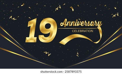 Elegant 19th anniversary celebration design with gold numbers, confetti, and ribbons on a black background. Festive and premium feel for a special occasion.