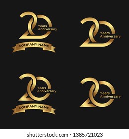 elegant 20 years anniversary logo template with ribbon in gold color, vector file eps 10 text is easy to edit