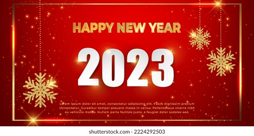 Elegant 2023 New Year greeting card with shining glitter glowing golden snowflakes hanging on red background. Happy new year 2023 and Christmas greeting card. Vector holiday celebration illustration.