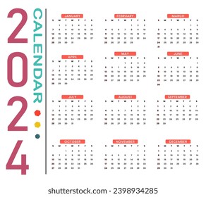 Elegant  2024 Modern wall  Calendar multi gradient color template 
