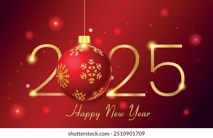 Elegant 2025 Happy New Year Background with Red and Gold Christmas Ornament, Sparkling Lights, and Xmas Ball. Greeting Card, Banner, Poster vector
