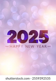 Elegant 2025 Happy New Year text with a dreamy bokeh light background. Vector illustration perfect for festive and modern designs.