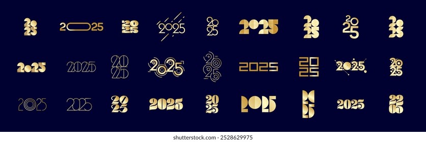 Elegant 2025 logo set in gold and navy, showcasing various styles for New Year designs, perfect for holiday-themed graphics like banners, brochures, and posters.