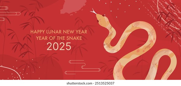 Elegant 2025 Lunar New Year Banner with Golden Snake, Bamboo Silhouettes and Subtle Brush Strokes for Year of the Snake