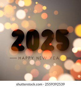 Elegant 2025 New Year design featuring bold typography with warm, glowing bokeh lights. Vector illustration for festive celebrations.