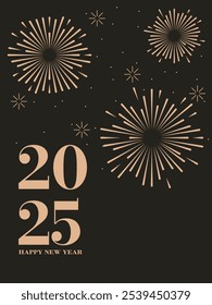 Elegant 2025 New Year greeting with golden fireworks and stars on a dark brown background, celebrating the arrival of the new year. Concept for holiday decor, card, poster, banner, flyer