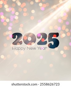 Elegant 2025 New Year greeting with sparkling bokeh lights and radiant beams. Vector illustration for festive designs.