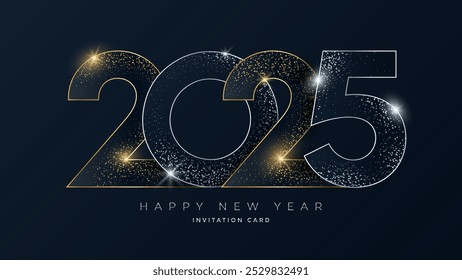 Elegant 2025 New Year invitation card design with glittering gold and silver numbers on a dark background, creating a festive and luxurious atmosphere for celebrating the upcoming year