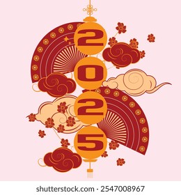 Elegant 2025 New Year lantern with decorative fan, clouds, and floral details in Chinese style