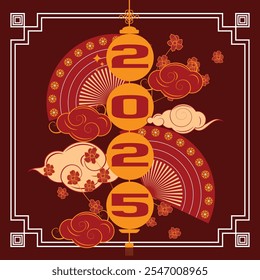 Elegant 2025 New Year template with Chinese lantern, floral decor, fans, clouds, and gold red outline style
