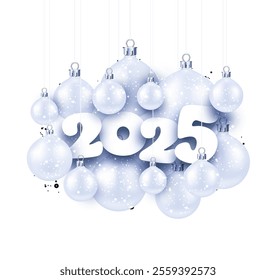 Elegant 2025 text surrounded by hanging white Christmas baubles with a snowy design. Vector illustration for festive celebrations.