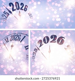 Elegant 2026 countdown clocks with soft pink and purple bokeh lights. Vector illustration perfect for New Year themes.