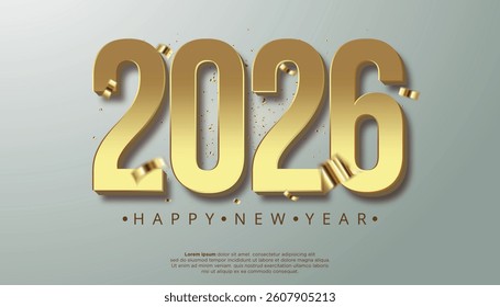 Elegant "2026" Happy New Year design with golden numbers, 3D effect, and festive confetti, perfect for luxury holiday greetings and celebration themes.