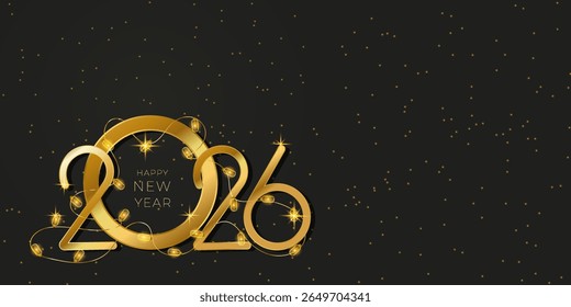 Elegant 2026 New Year design featuring gold numbers, sparkling lights, and a festive black background. Perfect for creating holiday cards, event invitations, and celebratory graphics.