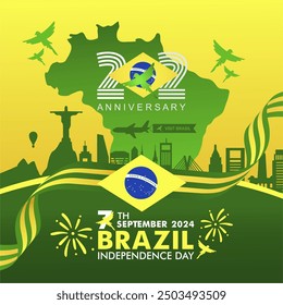 Elegant 202nd anniversary of Brazil independence day 7 september 2024 vector illustration, greeting, banner, background, poster, template. Dia da independencia do Brasil 2024 greeting card.  