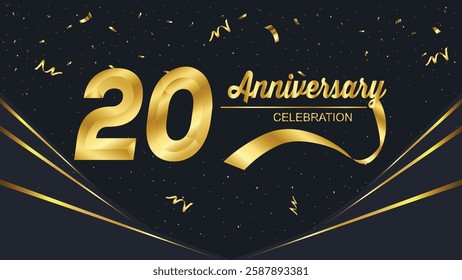 Elegant 20th anniversary celebration design with gold numbers, confetti, and ribbons on a black background. Festive and premium feel for a special occasion.