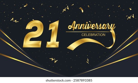 Elegant 21st anniversary celebration design with gold numbers, confetti, and ribbons on a black background. Festive and premium feel for a special occasion.