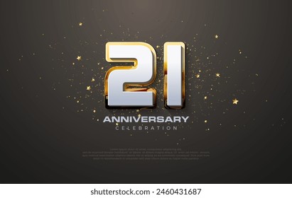 Elegante diseño del 21 aniversario. Con números dorados y blancos en uno. Decorado con brillo dorado encantador y sobre un fondo negro.