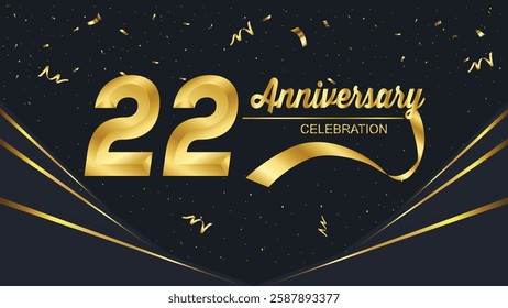 Elegant 22nd anniversary celebration design with gold numbers, confetti, and ribbons on a black background. Festive and premium feel for a special occasion.