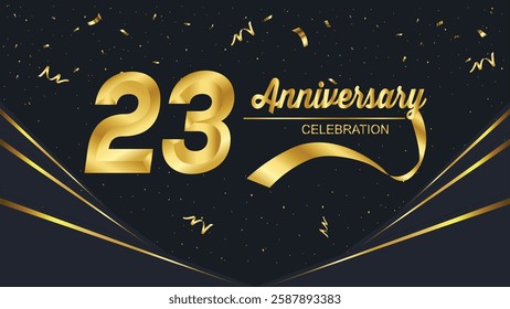 Elegant 23rd anniversary celebration design with gold numbers, confetti, and ribbons on a black background. Festive and premium feel for a special occasion.