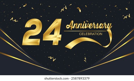 Elegant 24th anniversary celebration design with gold numbers, confetti, and ribbons on a black background. Festive and premium feel for a special occasion.