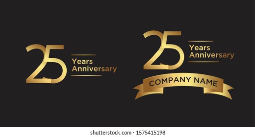 elegant 25 years anniversary logo template with ribbon in gold color, vector file eps 10 text is easy to edit