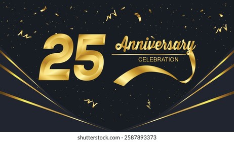 Elegant 25th anniversary celebration design with gold numbers, confetti, and ribbons on a black background. Festive and premium feel for a special occasion.