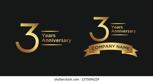 elegant 3 years anniversary logo template with ribbon in gold color, vector file eps 10 text is easy to edit