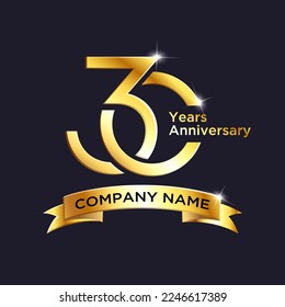 elegant 30 years anniversary logo golden color with red ribbon, suitable use for logo icon design, banner and poster, vector file eps 10 text is easy to edit