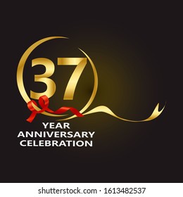 elegant 37 years anniversary logo template with ribbon in gold color, vector file eps 10 text is easy to edit