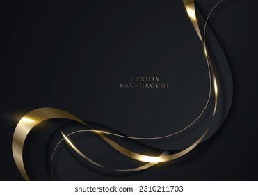 Elegant 3D abstract background black curved shape with golden ribbon line on dark background with light effect. Luxury style. Vector illustration