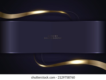 Elegant 3D abstract background purple metallic stripes with shiny golden ribbon line lighting sparking. Luxury style. Vector illustration