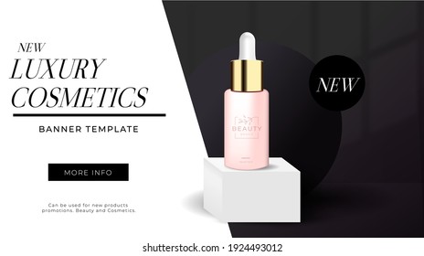 Elegant 3d banner template for makeup or skincare ads. Luxury vector design for flyer, sale, new collection ad. Pink, gold bottle on white podium, abstract forms on black background with shadow effect