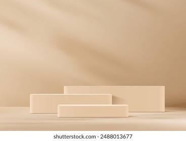 Podio elegante de las cajas beige 3D con la sombra suave en el fondo beige: perfecto para la exhibición mínima del Producto del estilo, maqueta, y escaparate de la sala de exposición