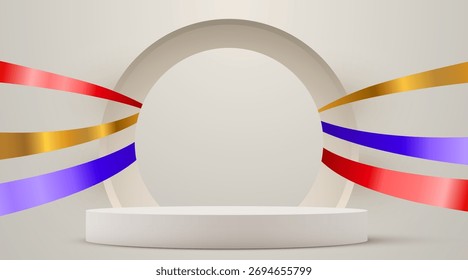 Elegante estudio 3D beige con cintas y un podio de productos para la exhibición de productos de lujo. Ilustración vectorial.