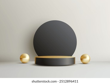 Elegant 3D Black Circular Podium with Gold Accents and Spheres, Luxury Display and Mockup Design for Showroom and Presentations, Modern, Sophisticated, and Chic Backdrop