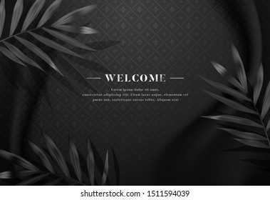 Elegant 3d black fabric with pattern background, tropical luxury hotel, spa, restaurant welcome letter card template