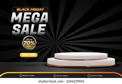elegant 3d black friday mega sale discount template banner with blank space 3d podium for product sale with abstract gradient black and grey background design
