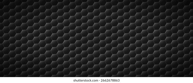 Elegant 3d black hexagon pattern with a sleek metallic shine. Minimalist futuristic background for technology concept, sci-fi gaming interfaces and modern web design. Vector illustration.
