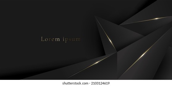 Elegant 3D black low polygonal pattern with shiny golden lines and glowing lighting effect on dark background texture. Luxury style. Vector graphic illustration