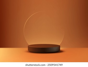 Elegant 3D Black Podium on Orange Gradient Scene, Modern Minimal Display with Transparent circle Backdrop for Product Display Showcases