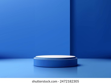 Elegant 3D Blue and White Podium with Blue Wall Background, Ideal for Stylish Product Display, Mockup Templates, and Sophisticated Showcase