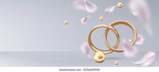 Elegant 3D composition with golden interlocked wedding rings surrounded by floating pearl spheres and soft pink flower petals. Minimalist romantic background with gold jewelry elements for invitation.