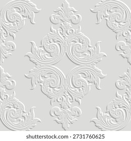 Elegant 3D embossed Baroque seamless pattern. Luxury white plaster textured damask ornament with floral emboss scrolls and rococo elements. Sophisticated architectural wall relief endless background.