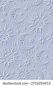 Elegante 3D em relevo padrão celeste sem costura com sóis, luas e estrelas. Fundo de relevo azul claro texturizado para embalagens de luxo, têxteis e desenhos místicos. Textura de superfície de relevo infinita.