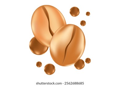 Elegant 3D floating coffee beans with fluid chocolate bubbles splash isolated PNG, transparent background. Liquid coffee decoration for menu, coffee shop poster ads, infographic, commercial banner